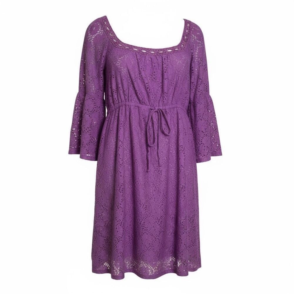 Laundry By Shelli Segal Lace Bell Sleeve Tie Waist Mini Dress  Purple‎ Large
